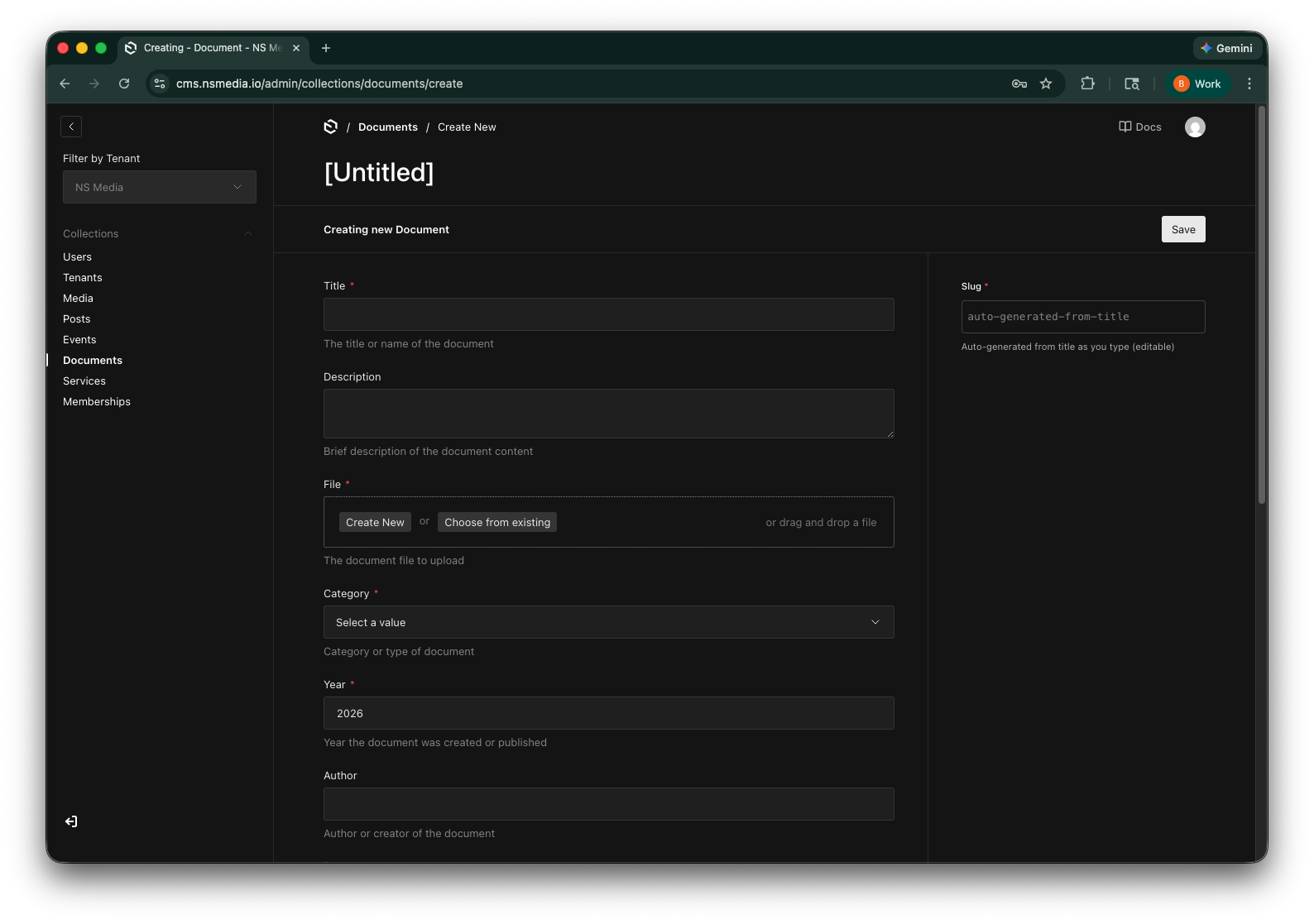 The core document fields: title, description, file upload, category, and year