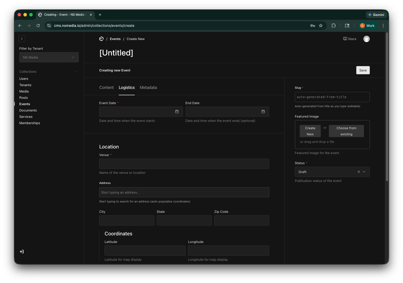 The location fields with venue name and address autocomplete