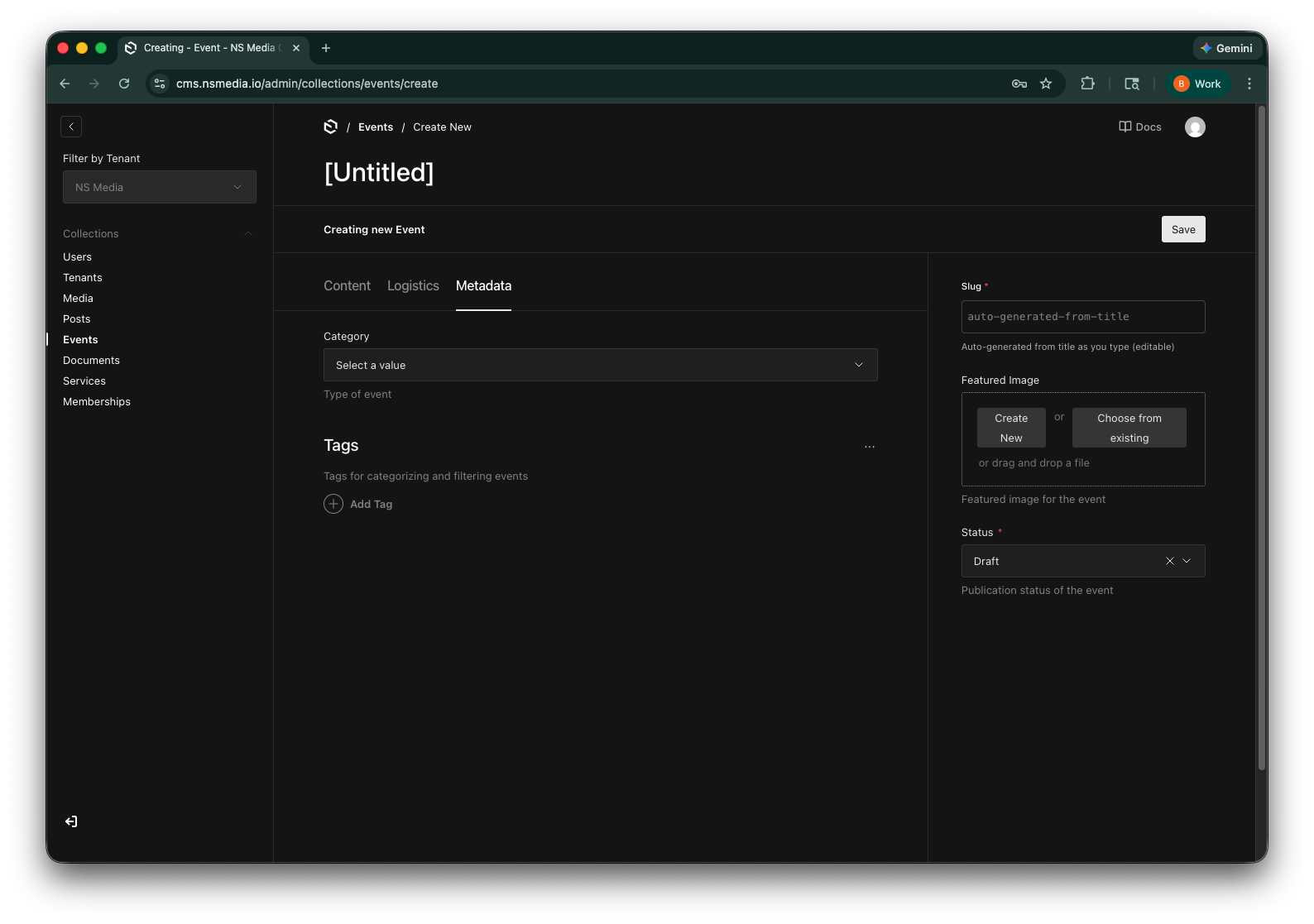 The sidebar showing slug, featured image, and status