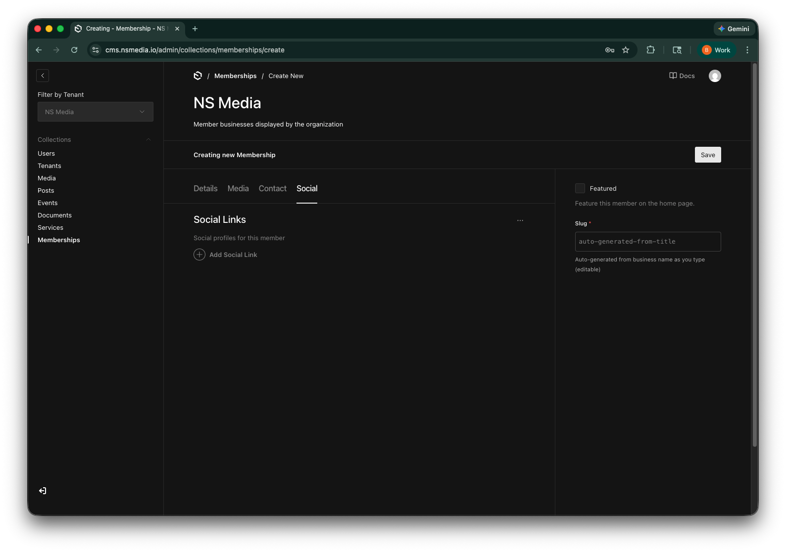 The sidebar fields: slug and featured checkbox