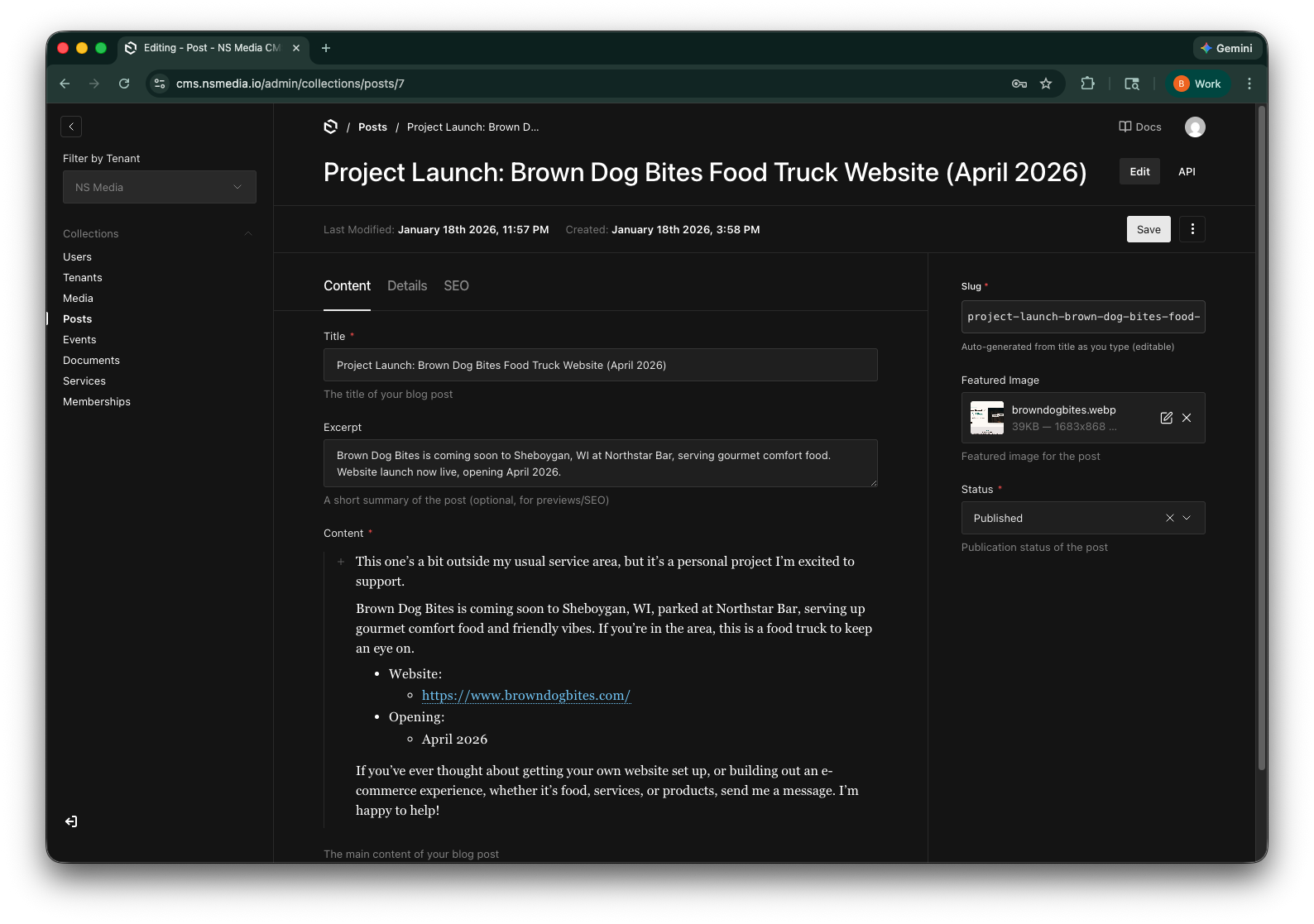 The Content tab with title, excerpt, and rich text editor
