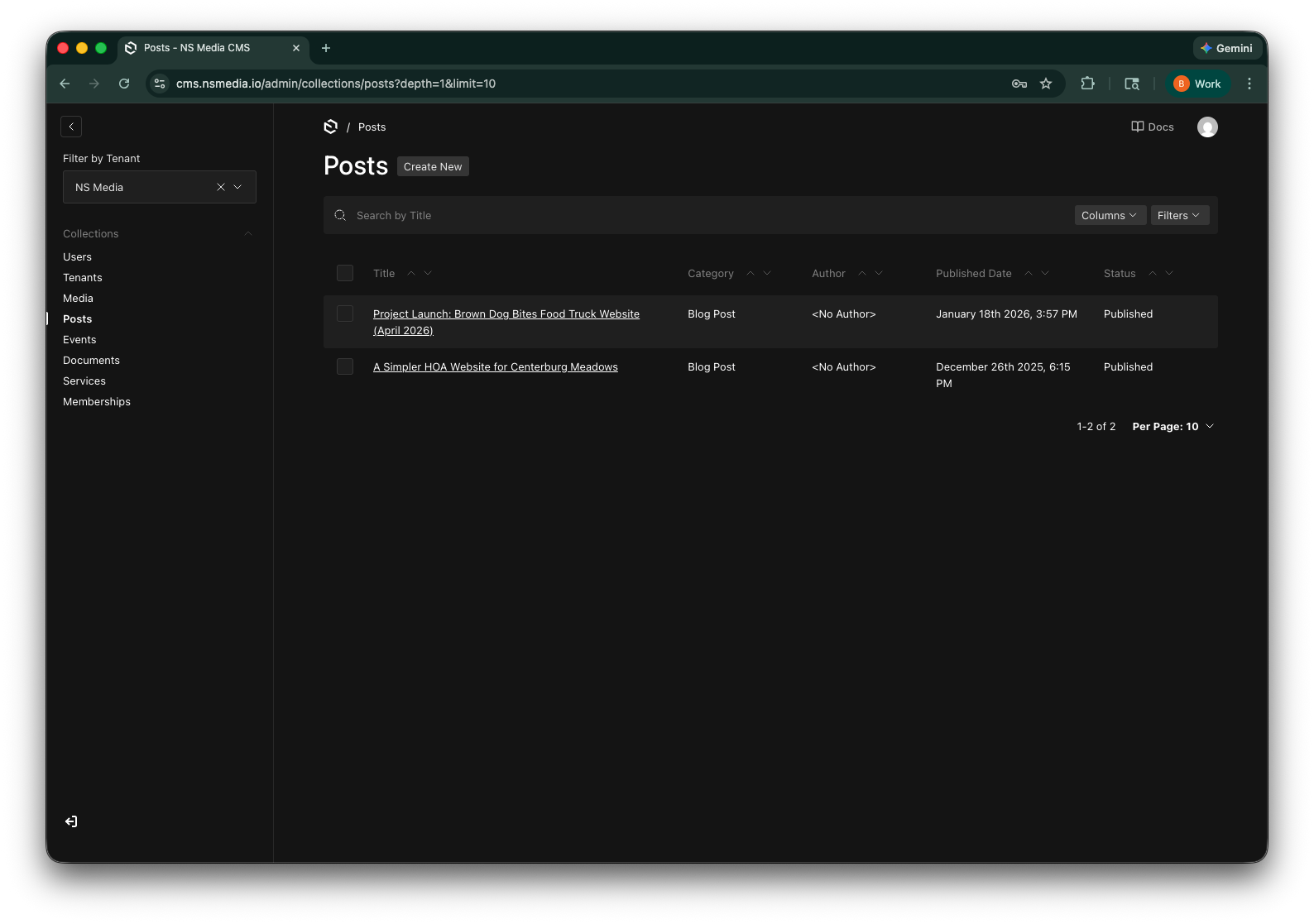 The Posts list view showing all posts with title, category, author, and status