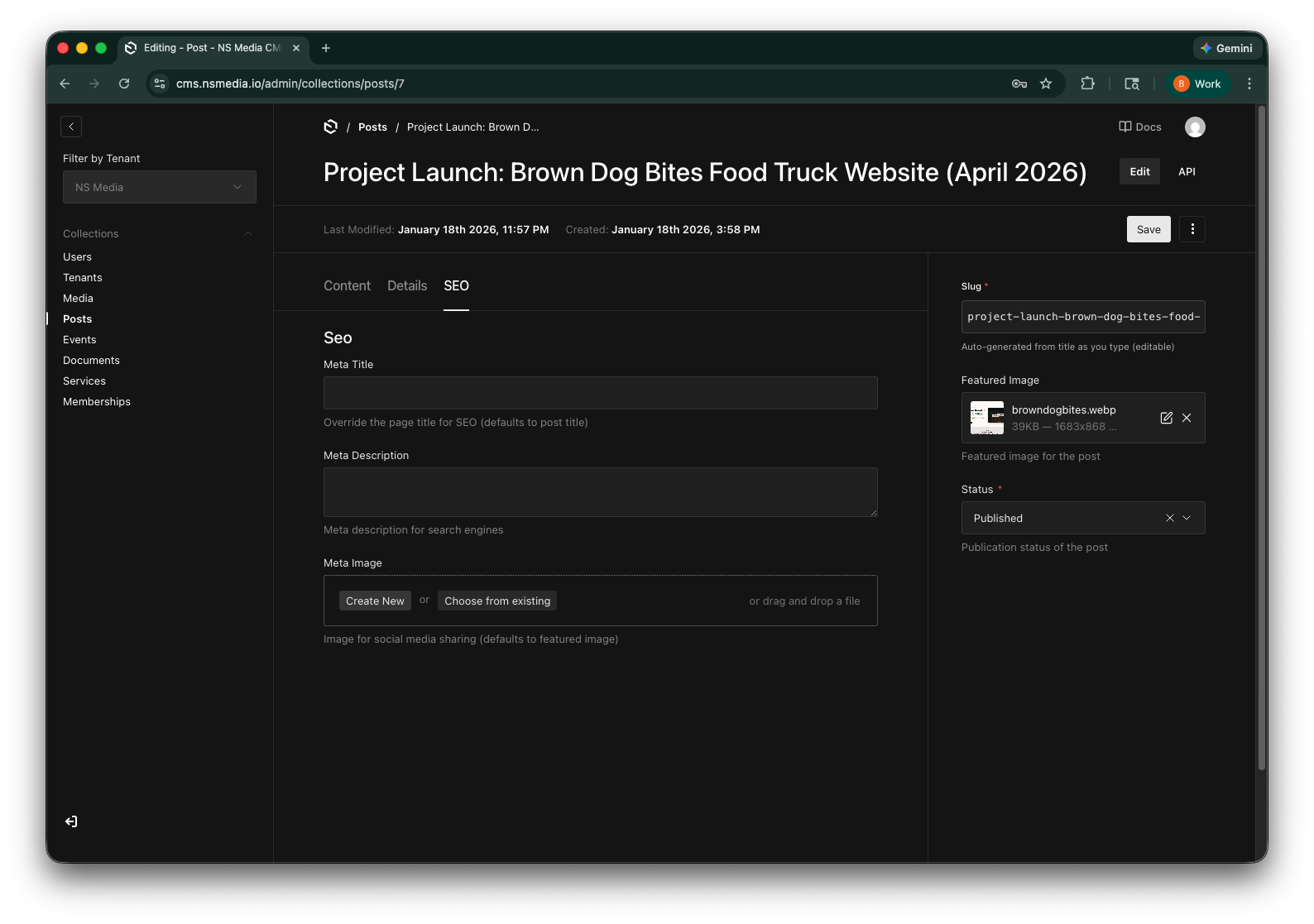 The sidebar showing slug, featured image, and status fields