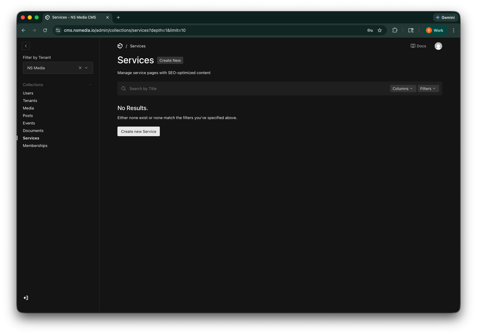 The Services list view showing all service pages
