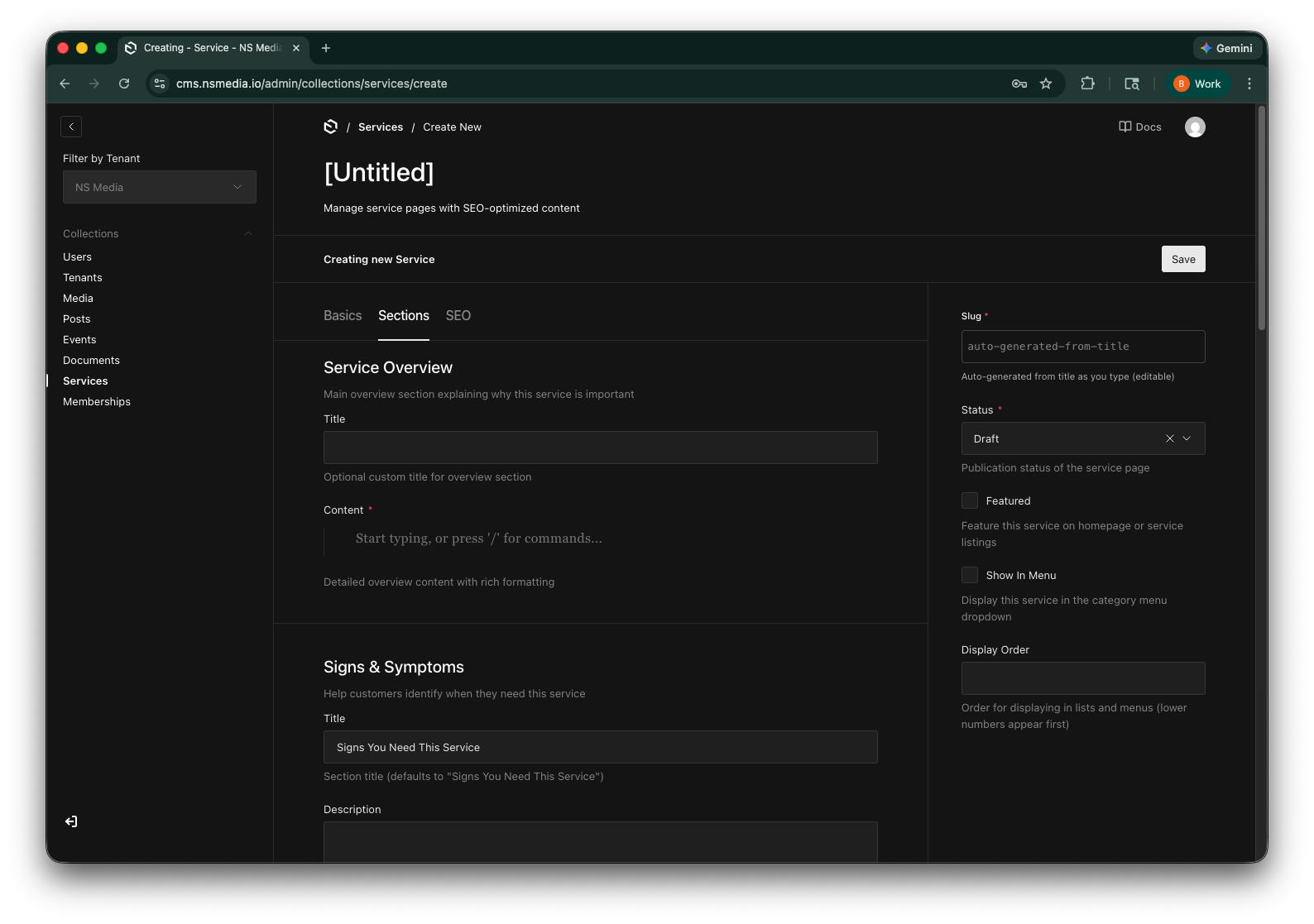 The Service Overview section with title and rich text content