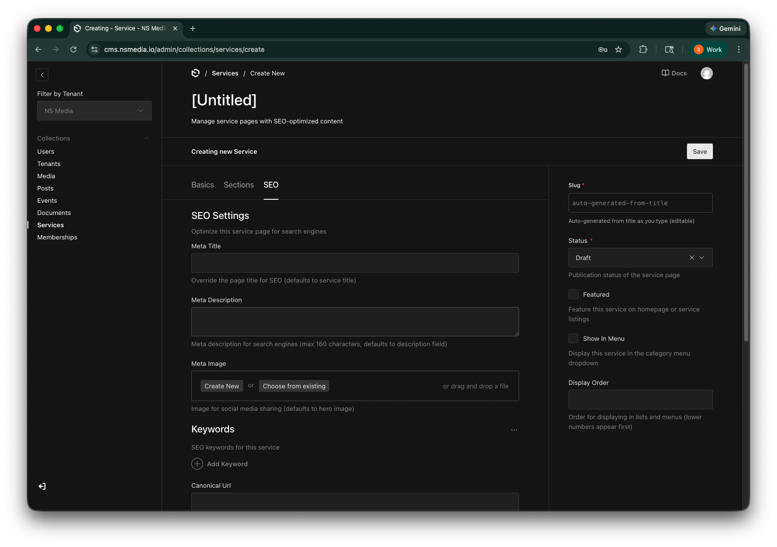 The SEO tab with meta fields and structured data